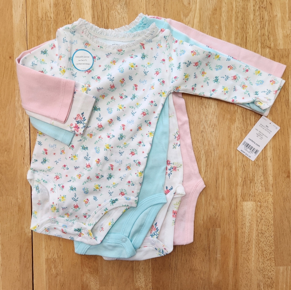 Floral Baby Onesies Set of Four - Pink Solid, Aqua Blue Solid, White Florals